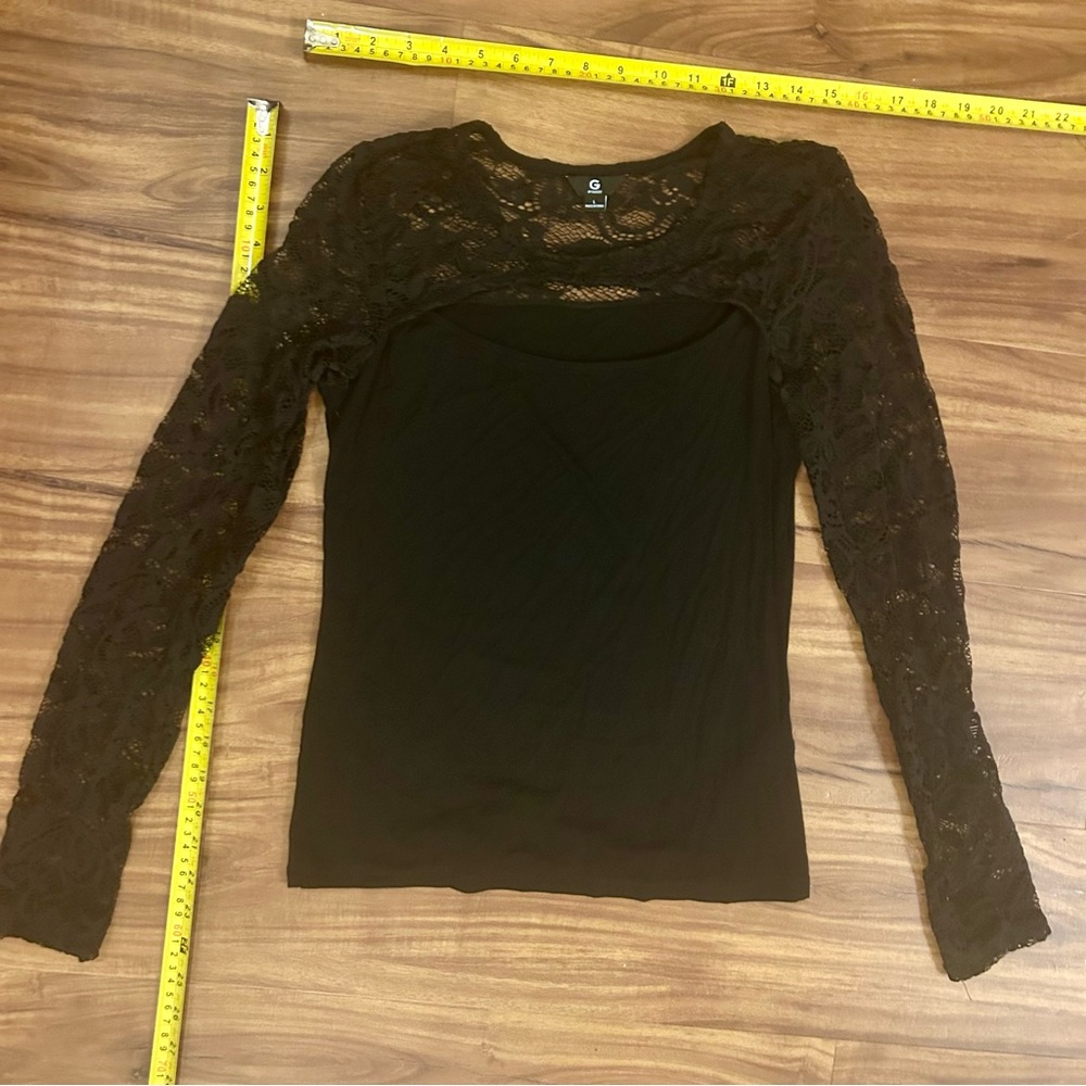 G by Guess Black Fitted Cut Out Blouse Lace Sleeves